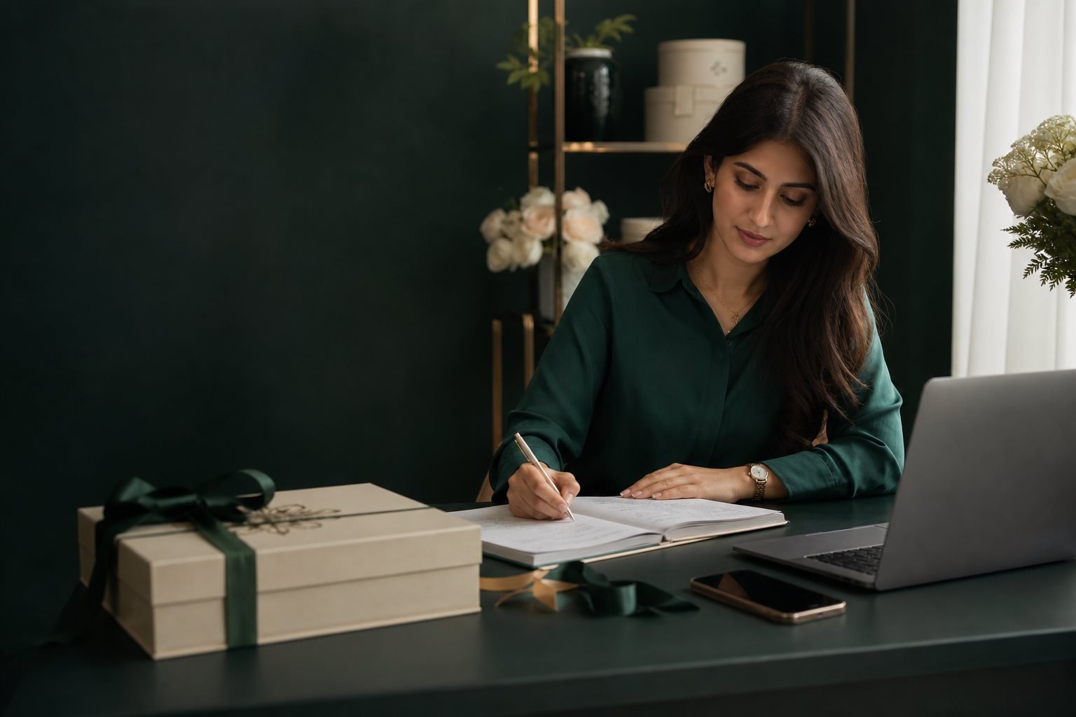 A sales professional preparing campaign notes in a DS Lush workspace