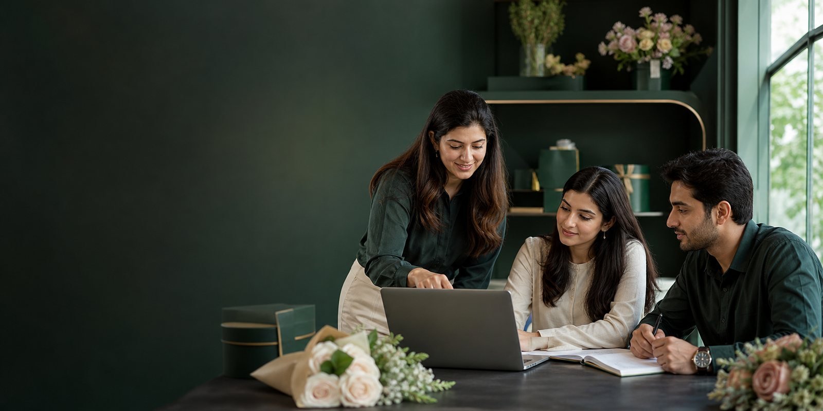 A Pakistani trainer guiding two learners in a floral ecommerce workspace