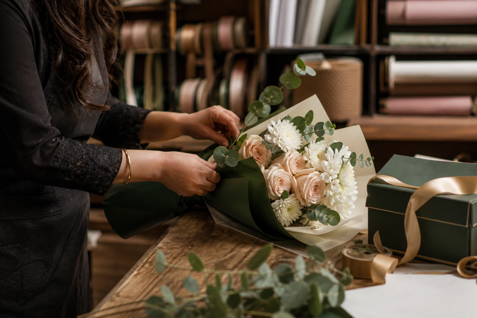 A DS Lush florist carefully arranging a handcrafted bouquet