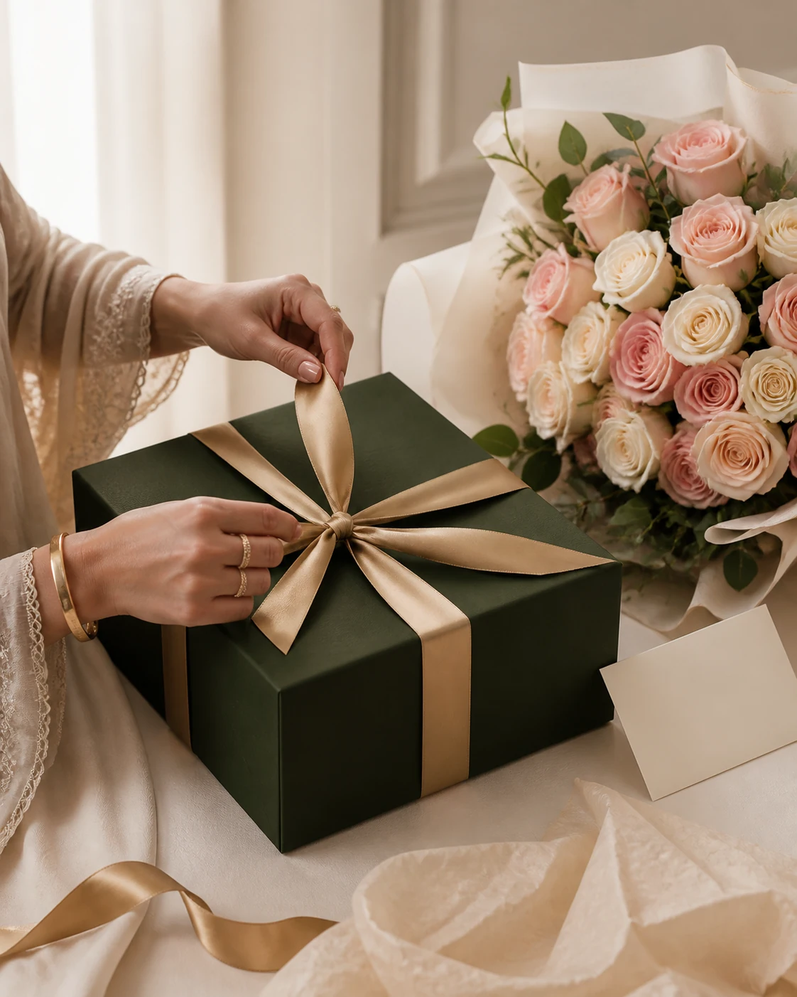 A luxury DS Lush gift box and bouquet being thoughtfully presented