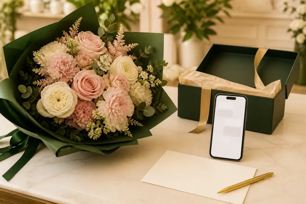 A handcrafted bouquet and custom gift order prepared by DS Lush