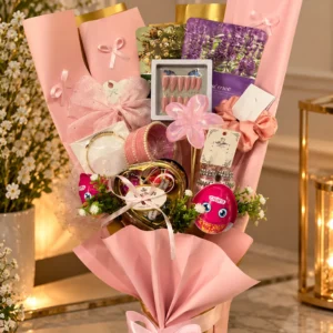 Blush Girlie Bouquet with pink accessories, chocolates and artificial flowers