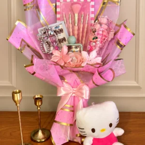 Pink theme girlie bouquet with beauty accessories, artificial flowers and plush toy