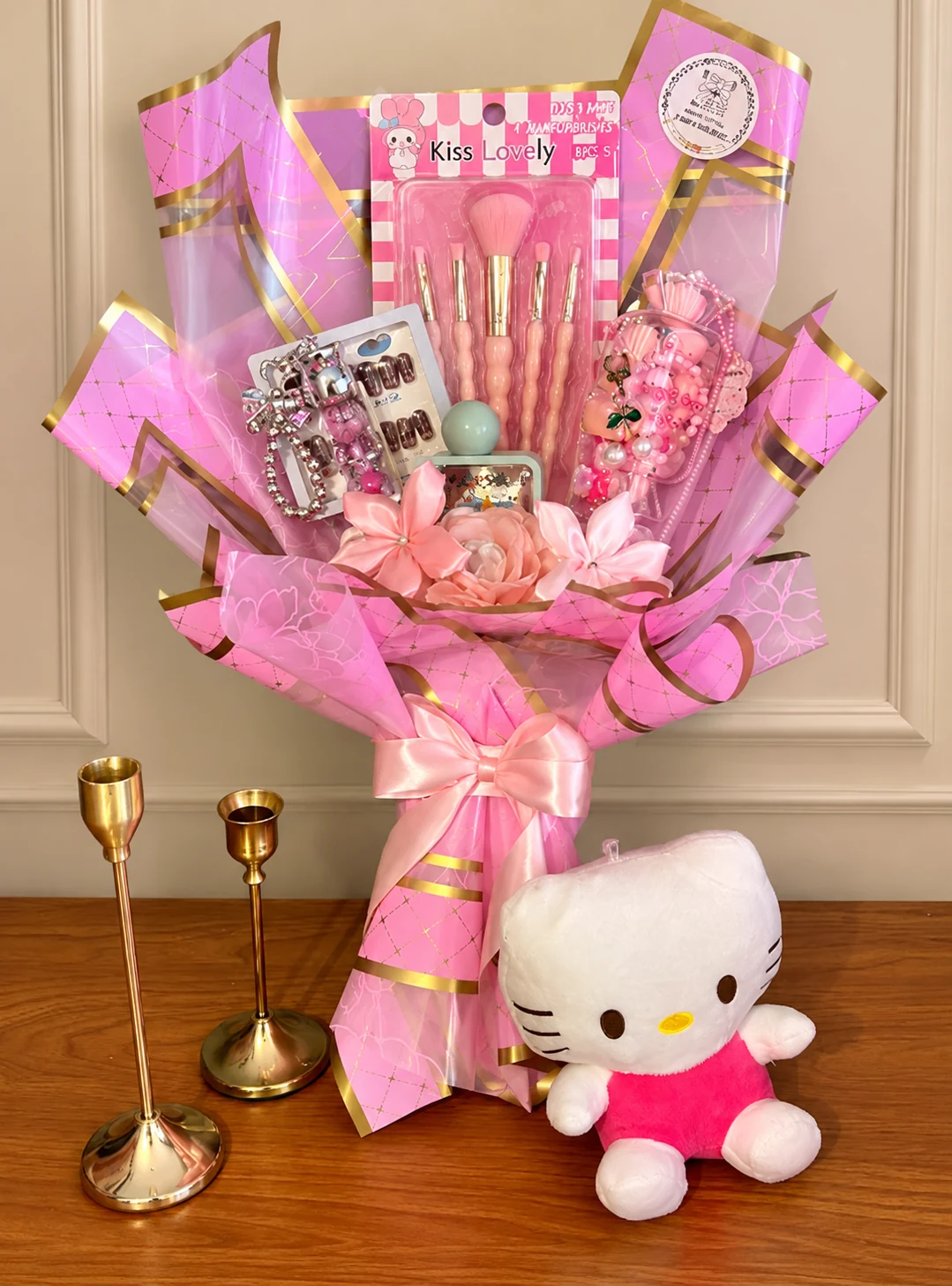 Pink theme girlie bouquet with beauty accessories, artificial flowers and plush toy