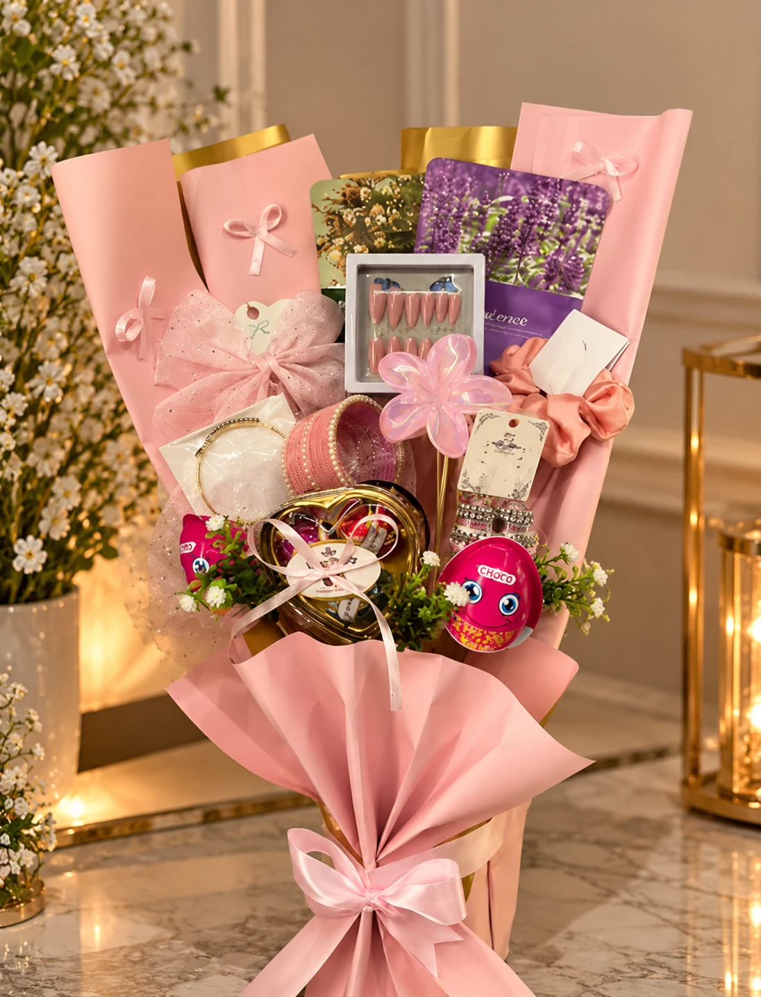 Blush Girlie Bouquet with pink accessories, chocolates and artificial flowers