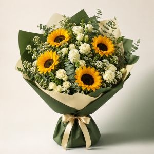 Golden Sunflower and Ivory Rose Bouquet