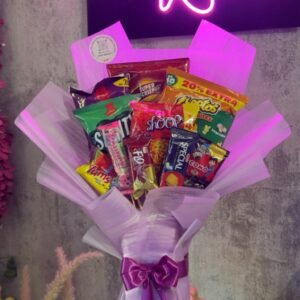Lilac snack bouquet with assorted chips, biscuits and treats by DS Lush